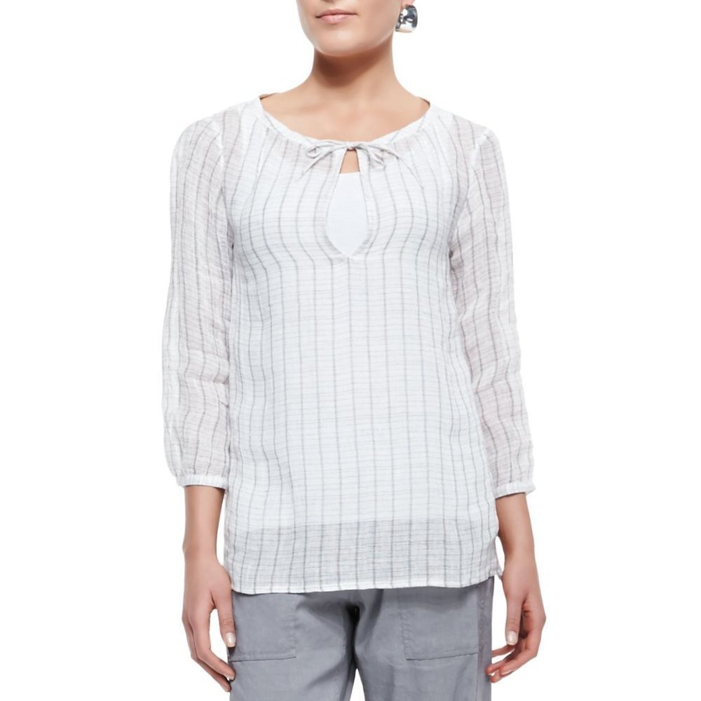 Eileen Fisher Gray Ivory Linen 3/4-Sleeve Windowpane Gauze Top Blouse P4201